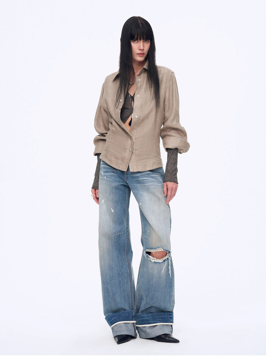Luchtig linnen twill blouse met taillerende plooien
