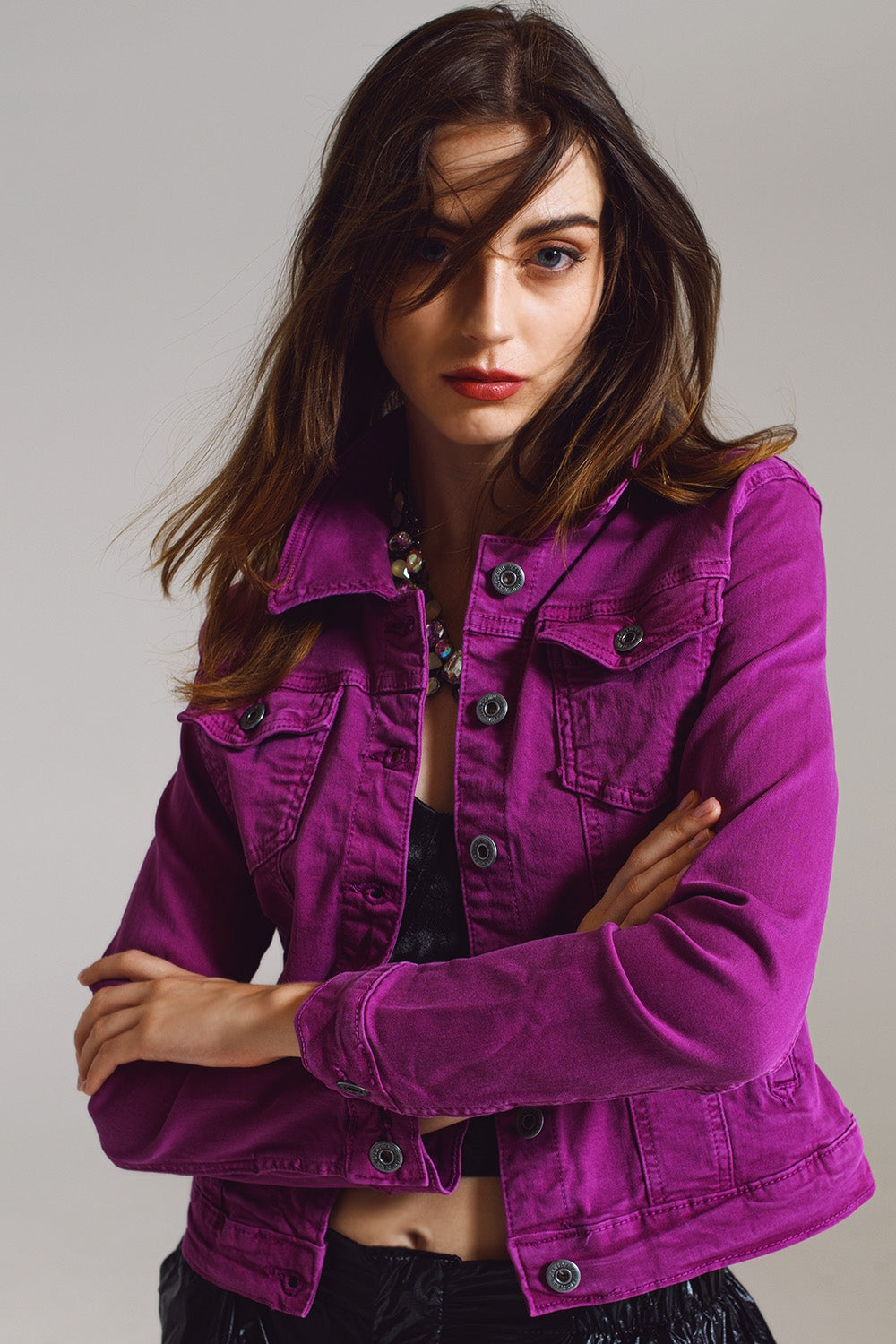 Slim fit denim jack in fuchsia