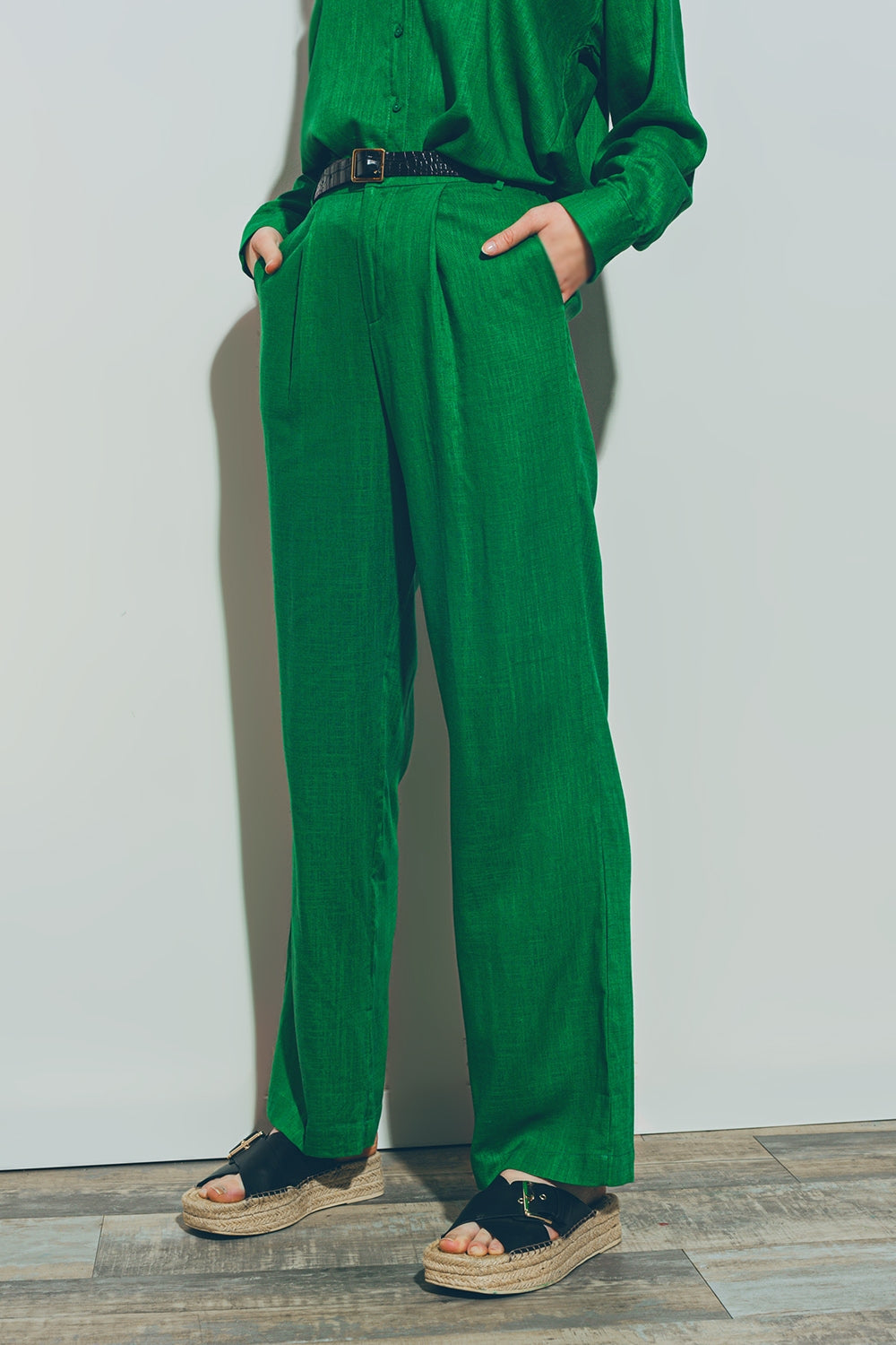 Getailleerde wide leg broek in katoen in groen